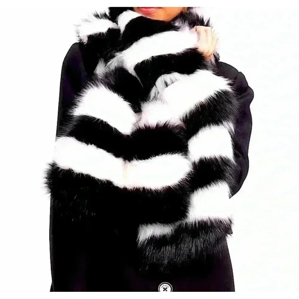 Kate Spade Faux Fur Striped Scarf Black White One Size